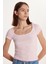 Kadın Slim Fit Dar Kesim Pamuklu Kısa Kollu U Yaka Pembe Bluz 2