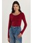 Kadın Slim Fit Dar Kesim Uzun Kollu Viskon Bordo Bluz 4