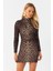 Kadın Camel-Siyah Drapeli Mini Leopar Elbise DMR386 4