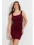 Kadın Bordo Kare Yaka Büzgülü Mini Elbise FRY2308 5