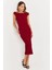 Kadın Bordo Asimetrik Yaka Gofre Midi Elbise MOD2358 1