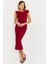 Kadın Bordo Asimetrik Yaka Gofre Midi Elbise MOD2358 3