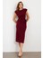 Kadın Bordo Vatkalı Kuşaklı Midi Elbise UG713 3