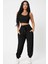 Kadın Siyah Kaşkorse Cepli Jogger Eşofman Altı ve Crop Top Bluz 4