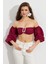 Kadın Bordo Balon Kol Crop Bluz ROP111 2