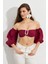 Kadın Bordo Balon Kol Crop Bluz ROP111 4