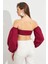 Kadın Bordo Balon Kol Crop Bluz ROP111 5
