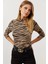 Kadın Camel-Siyah Yarım Balıkçı Zebra Desen Bluz LPP1133 2