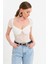 Kadın Ekru Kalp Yaka Tül Crop Bluz TPG05 4