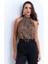 Kadın Camel-Siyah Halter Yaka Leopardesenli Bluz LPP1273 1