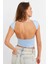 Kadın Mavi Sırtı Açık Crop Bluz ZH083 4