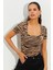 Kadın Camel-Siyah Kare Yaka Zebra Desenli Bluz LPP1221 1