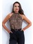 Kadın Camel-Siyah Halter Yaka Leopardesenli Bluz LPP1273 4