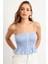 Kadın Mavi Ekose Lastikli Crop Bluz MTK13397 1