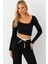 Kadın Siyah Asimetrik Crop Bluz EY2997 4