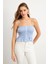 Kadın Mavi Ekose Lastikli Crop Bluz MTK13397 2