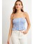 Kadın Mavi Ekose Lastikli Crop Bluz MTK13397 4