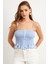Kadın Mavi Ekose Lastikli Crop Bluz MTK13397 5