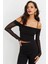 Kadın Siyah Kolları Tül Madonna Yaka Crop Bluz B1927 1