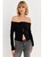 Kadın Siyah Madonna Yaka Yırtmaçlı Crop Bluz ELT4034 3