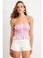Kadın Pudra Ekose Lastikli Crop Bluz MTK13397 3