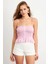 Kadın Pudra Ekose Lastikli Crop Bluz MTK13397 4