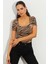 Kadın Camel-Siyah Kare Yaka Zebra Desenli Bluz LPP1221 4