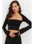 Kadın Siyah Pencereli Crop Bluz Kare Yaka İnce Elastan Slim Fit 2