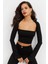 Kadın Siyah Pencereli Crop Bluz Kare Yaka İnce Elastan Slim Fit 4