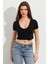 Kadın Siyah V Yaka Crop Bluz TOP101 1