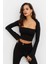 Kadın Crop Bluz Siyah Kare Yaka İnce Elastan Uzun Kol Slim Fit 1