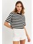 Kadın Siyah-Beyaz Çizgili Crop Bluz KY7145 4