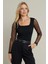 Kadın Siyah Kolları Tül Kare Yaka Kaşkorse Bluz TF33 1