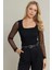 Kadın Siyah Kolları Tül Kare Yaka Kaşkorse Bluz TF33 3