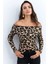 Kadın Camel-Siyah Madonna Yaka Leopar Bluz RLO77 5
