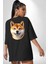 Shiba Inu Sevimli Sevgi Köpek Tasarımı Siyah Oversize Kadın Erkek Ön ve Sırt Baskılı Tişört 2
