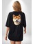 Shiba Inu Sevimli Sevgi Köpek Tasarımı Siyah Oversize Kadın Erkek Ön ve Sırt Baskılı Tişört 5