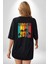 Tropikal Yaz Temalı Siyah Oversize Kadın Erkek Ön ve Sırt Baskılı Tişört 5