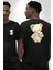 Mavi Kare Desenli Ayıcık Kawaii Stil Siyah Oversize Kadın Erkek Ön ve Sırt Baskılı Tişört 4