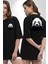 Siyah Beyaz Panda Siyah Oversize Kadın Erkek Ön ve Sırt Baskılı Tişört 4