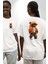 Hip Hop Turuncu Kapüşonlu Urban Stil Ayıcık Beyaz Oversize Kadın Erkek Ön ve Sırt Baskılı Tişört 4