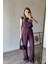 Bordo Vatkalı Kolsuz Keten Bluz Pantolon Takım 3