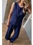 Lacivert Sıfır Kollu Önü Düğmeli Bol Paça Bluz Pantolon Takım 5