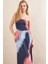 Kadın İndigo-Pudra Straplez Pilise Uzun Elbise MSİ100 3