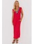 Kadın Kırmızı V Yaka Bloklu Maxi Elbise EY2779 5