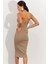 Kadın Haki Sırtı Açık Halter Midi Elbise OW138 2