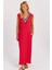 Kadın Kırmızı V Yaka Bloklu Maxi Elbise EY2779 3