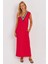Kadın Kırmızı V Yaka Bloklu Maxi Elbise EY2779 4