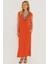 Kadın Turuncu V Yaka Bloklu Maxi Elbise EY2779 1