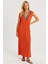 Kadın Turuncu V Yaka Bloklu Maxi Elbise EY2779 2